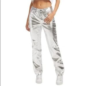 NWOT Good American Good Icon Silver Metallic Faux Leather Pants High Straight